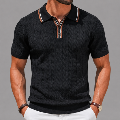 Men's Textured Knit Polo Shirt in Black – front view | Hensley London