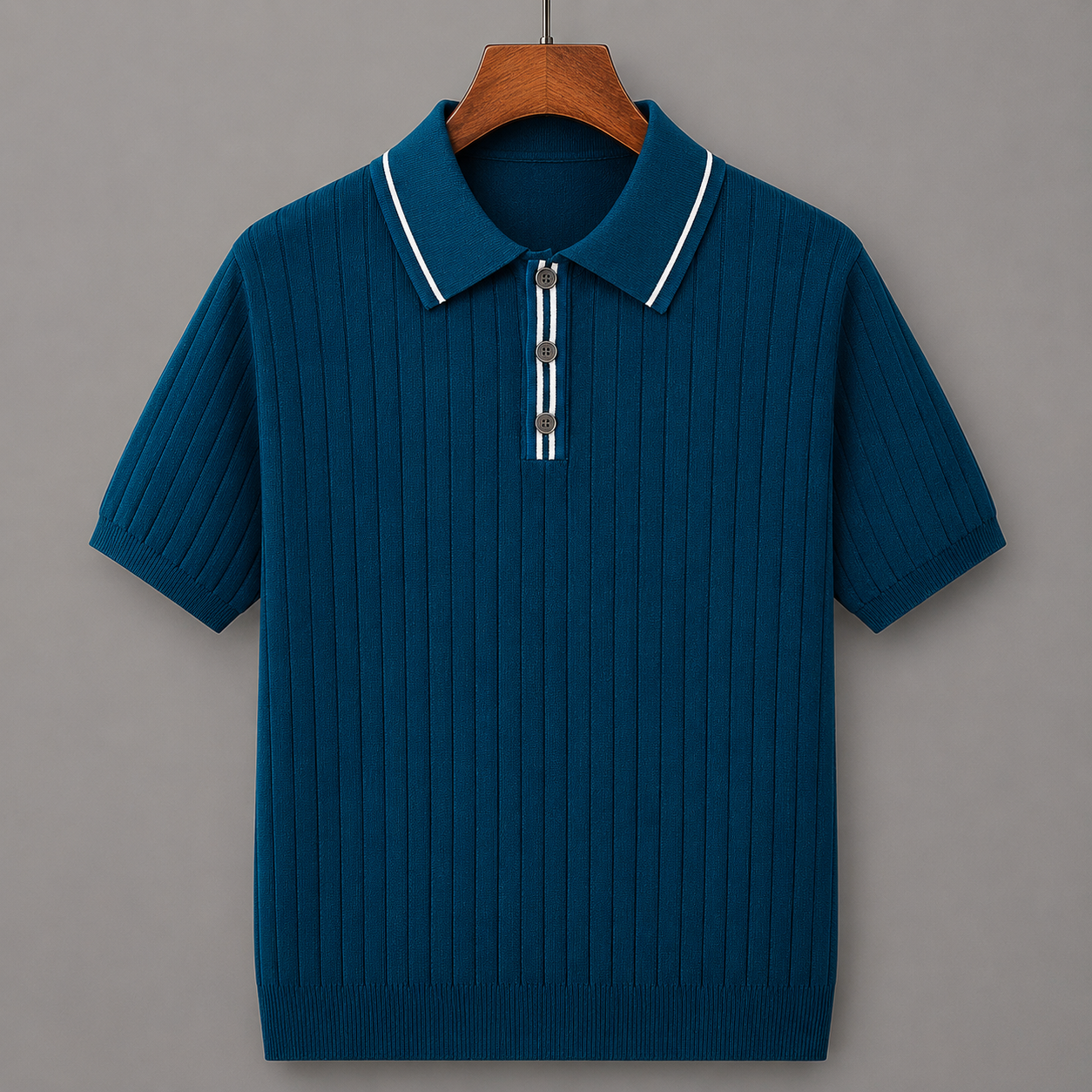 Men's Textured Knit Polo Shirt – collar and placket detail | Hensley London