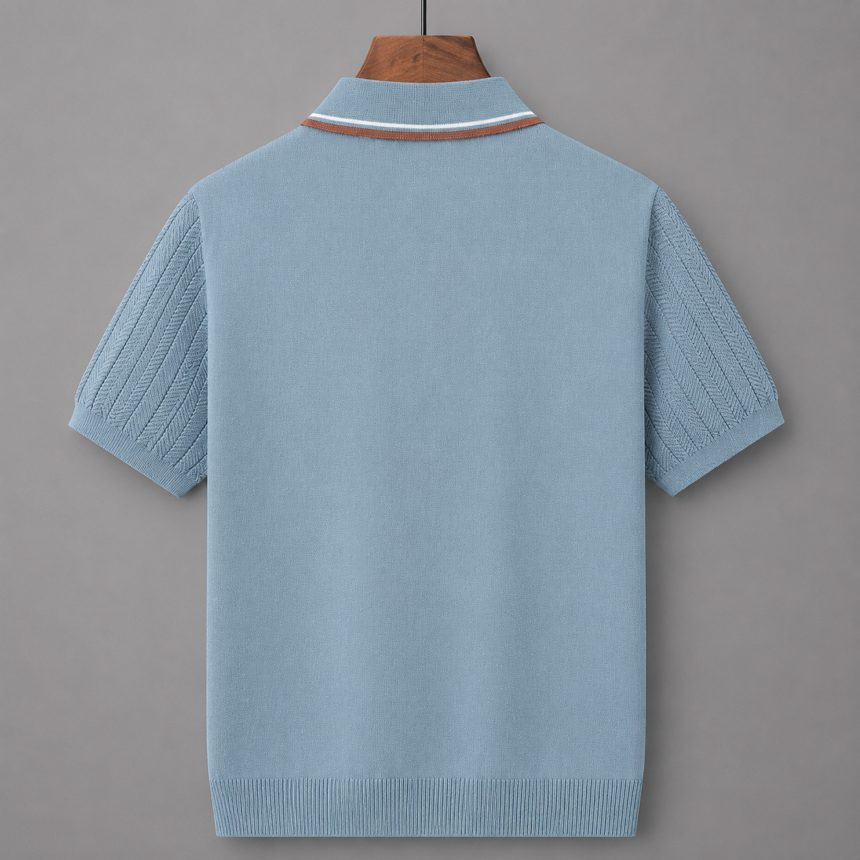 Men's Textured Knit Polo Shirt – back view | Hensley London