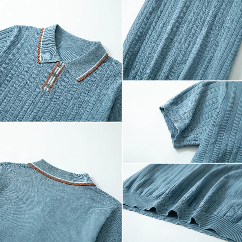 Men's Textured Knit Polo Shirt – flat-lay view | Hensley London