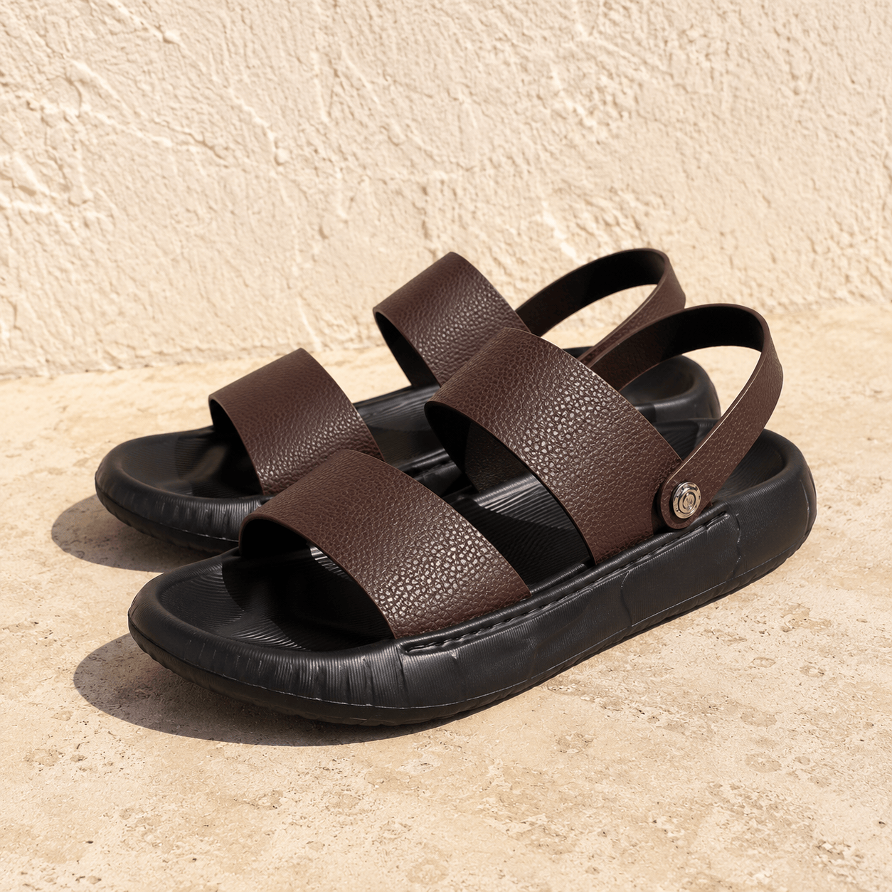 Men's Cowhide Leather Double-Strap Sandals in Brown – front view | Hensley London