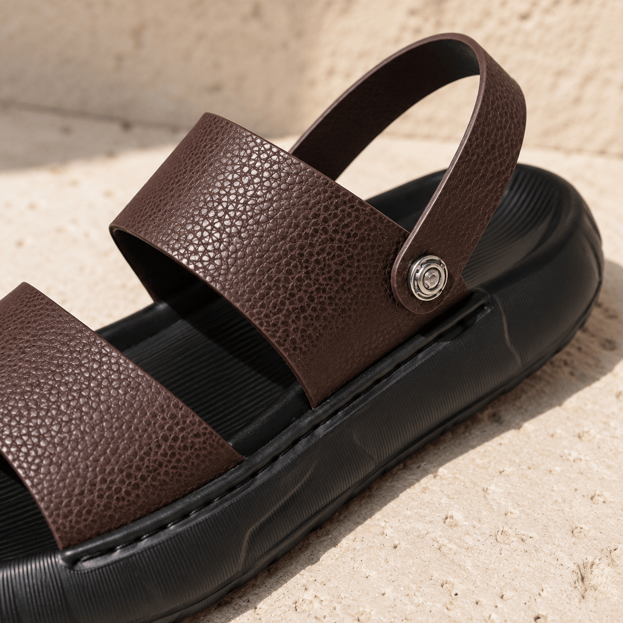 Men's Cowhide Leather Double-Strap Sandals in Brown – detail view | Hensley London