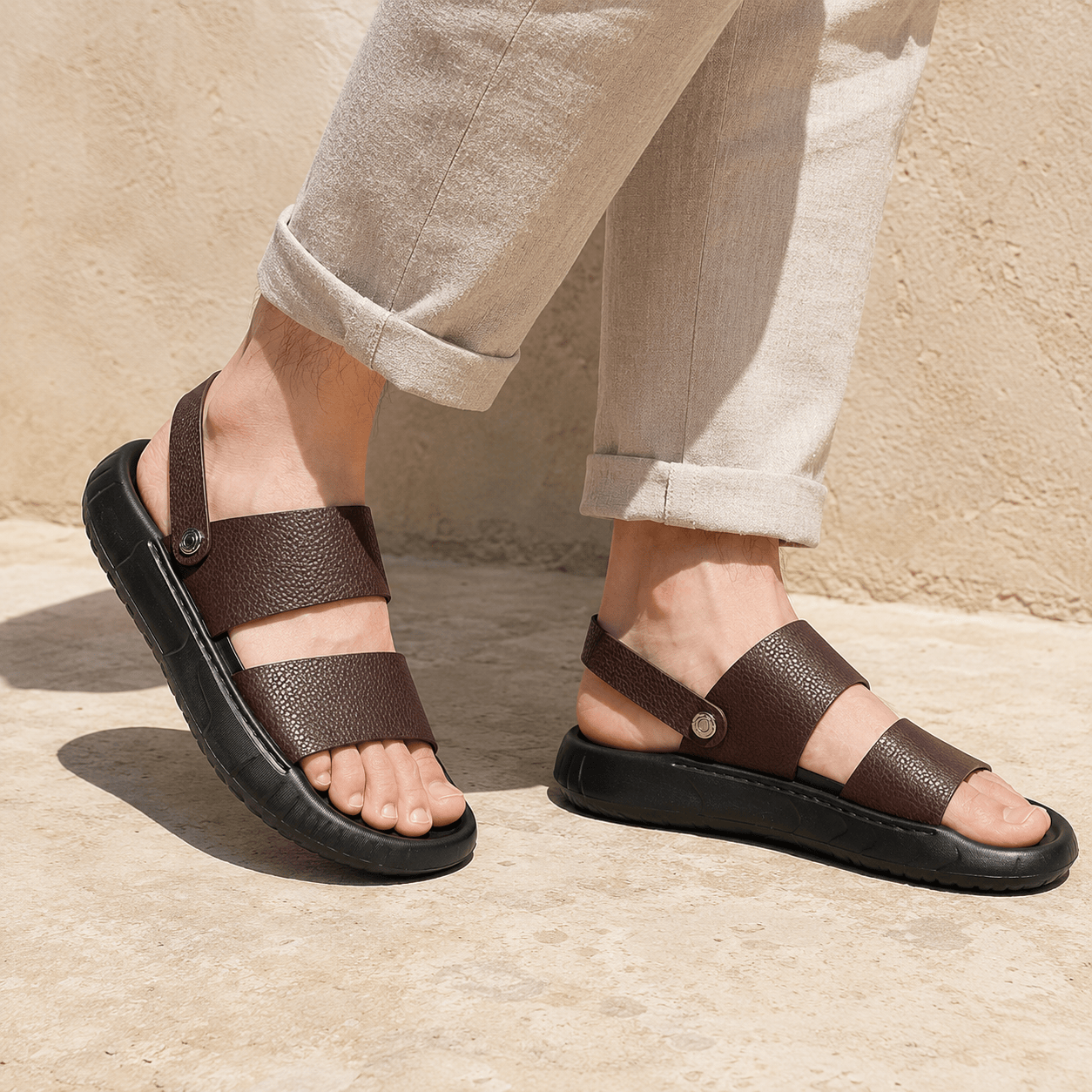 Men's Cowhide Leather Double-Strap Sandals in Brown – sole view | Hensley London