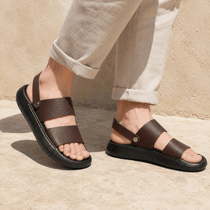 Men's Cowhide Leather Double-Strap Sandals in Brown – sole view | Hensley London
