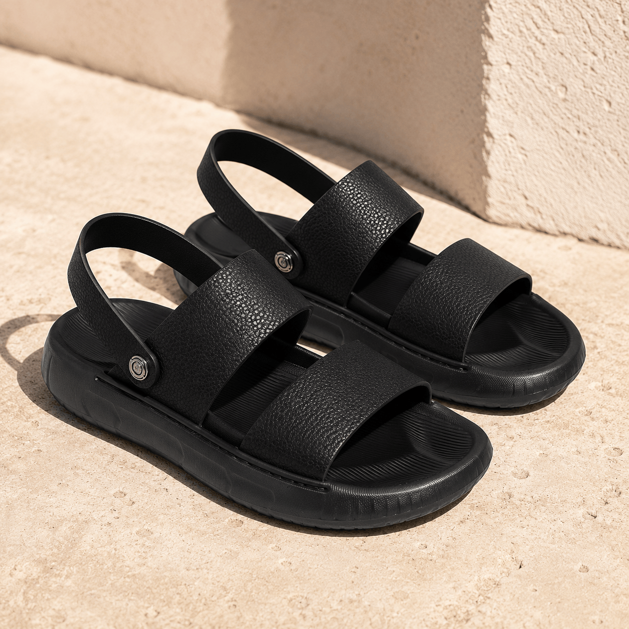 Men's Cowhide Leather Double-Strap Sandals in Black – front view | Hensley London