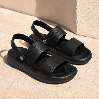 Men's Cowhide Leather Double-Strap Sandals in Black – front view | Hensley London