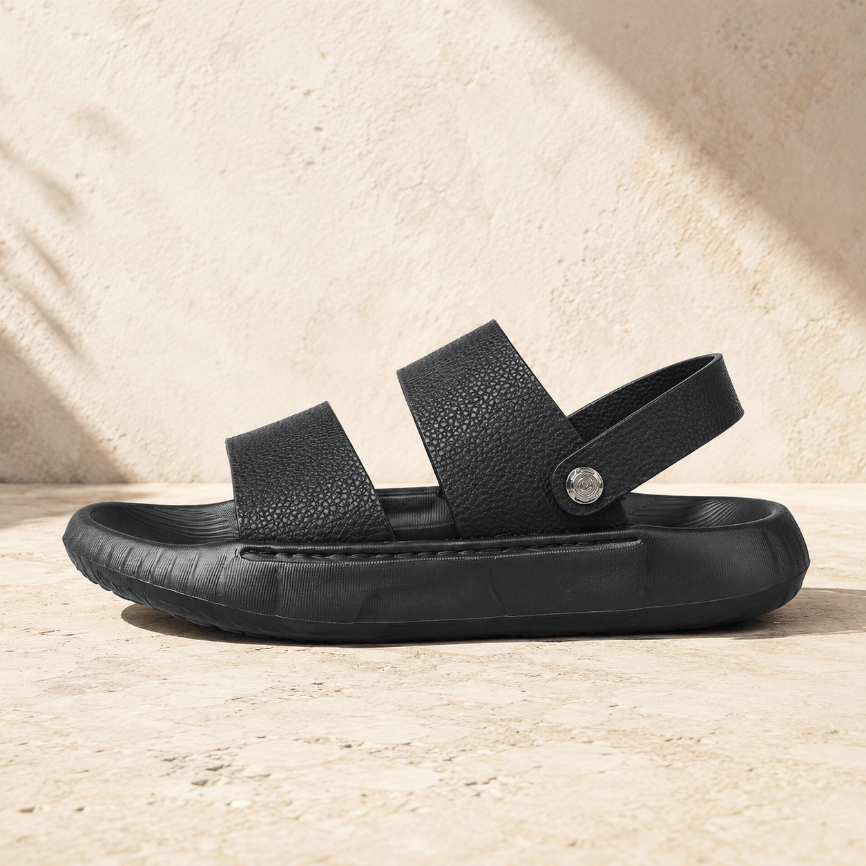 Men's Cowhide Leather Double-Strap Sandals in Black – side view | Hensley London