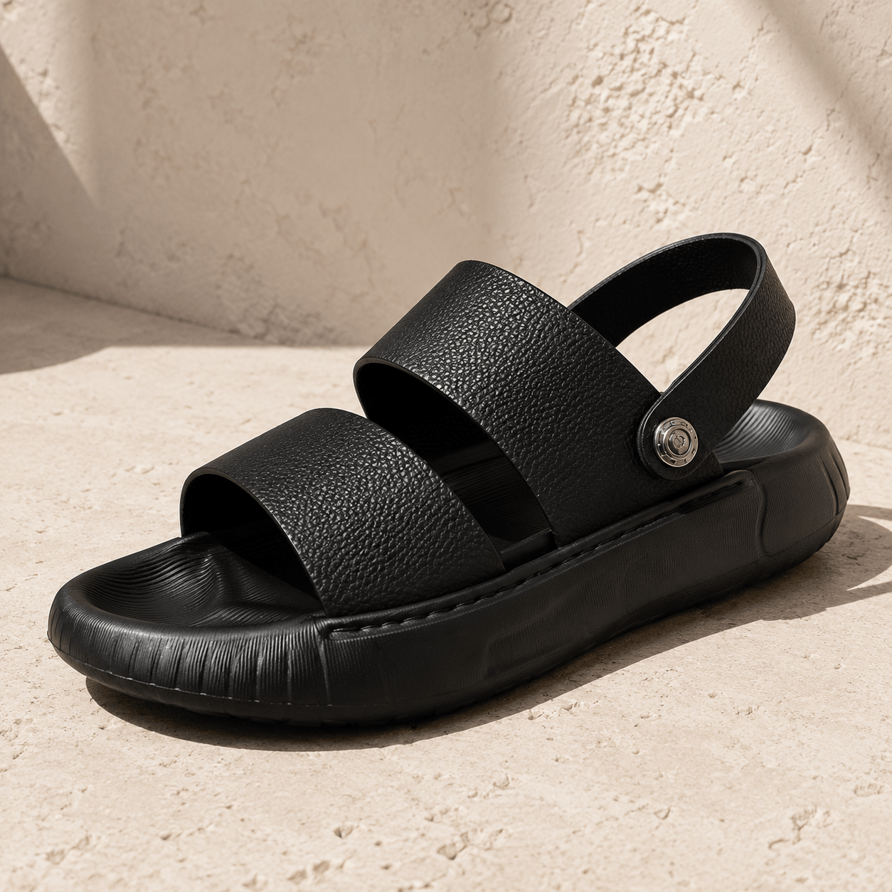 Men's Cowhide Leather Double-Strap Sandals in Black – detail view | Hensley London