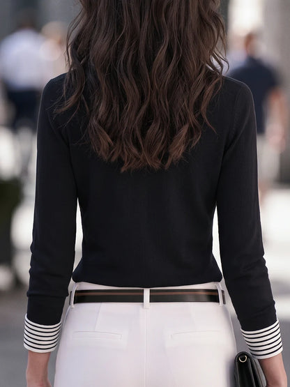Women's Striped-Collar Layered-Look Knit Blouse in Black – Product view | Hensley London