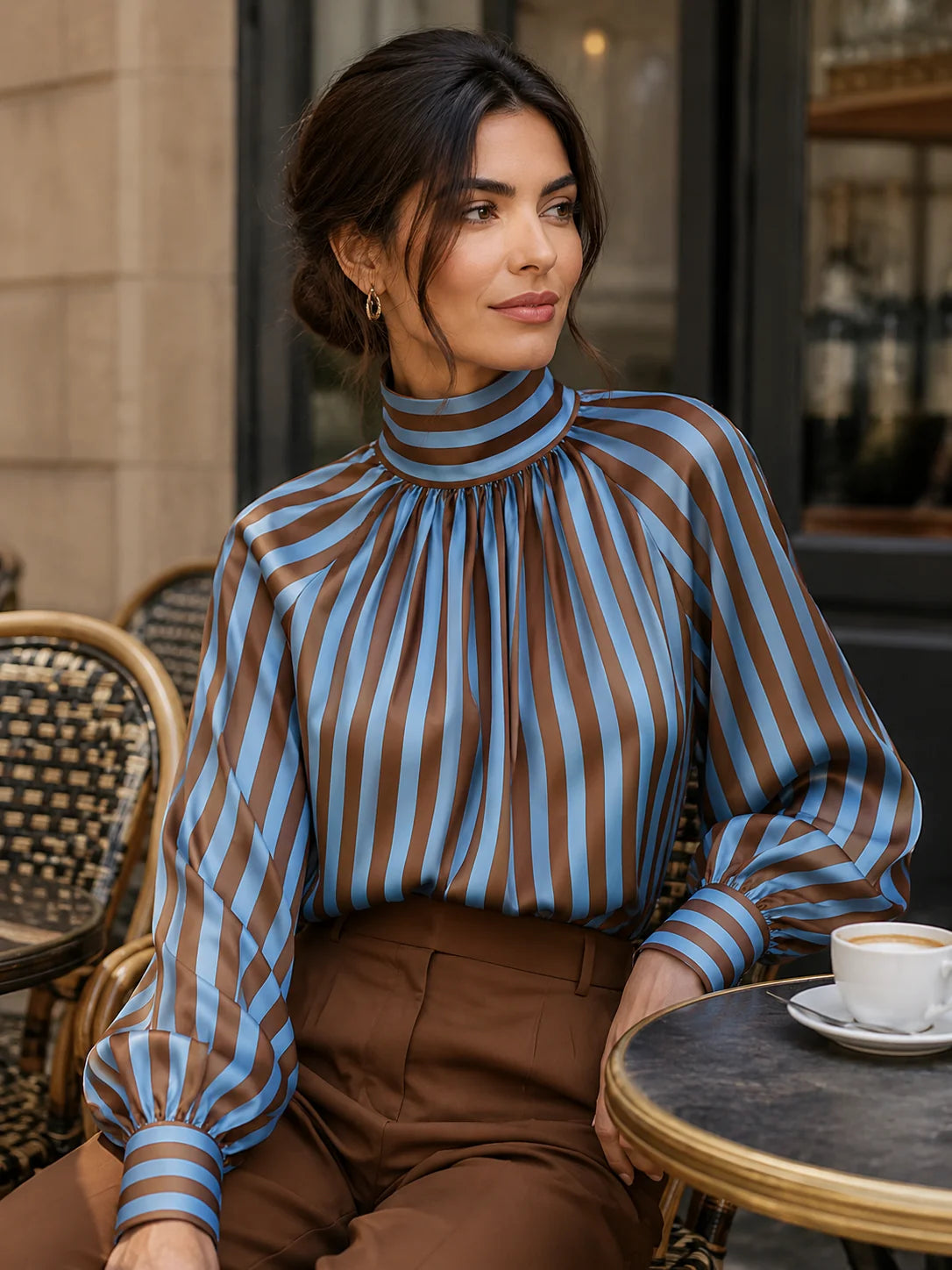 Women's Striped High-Neck Balloon-Sleeve Blouse – additional product view | Hensley London