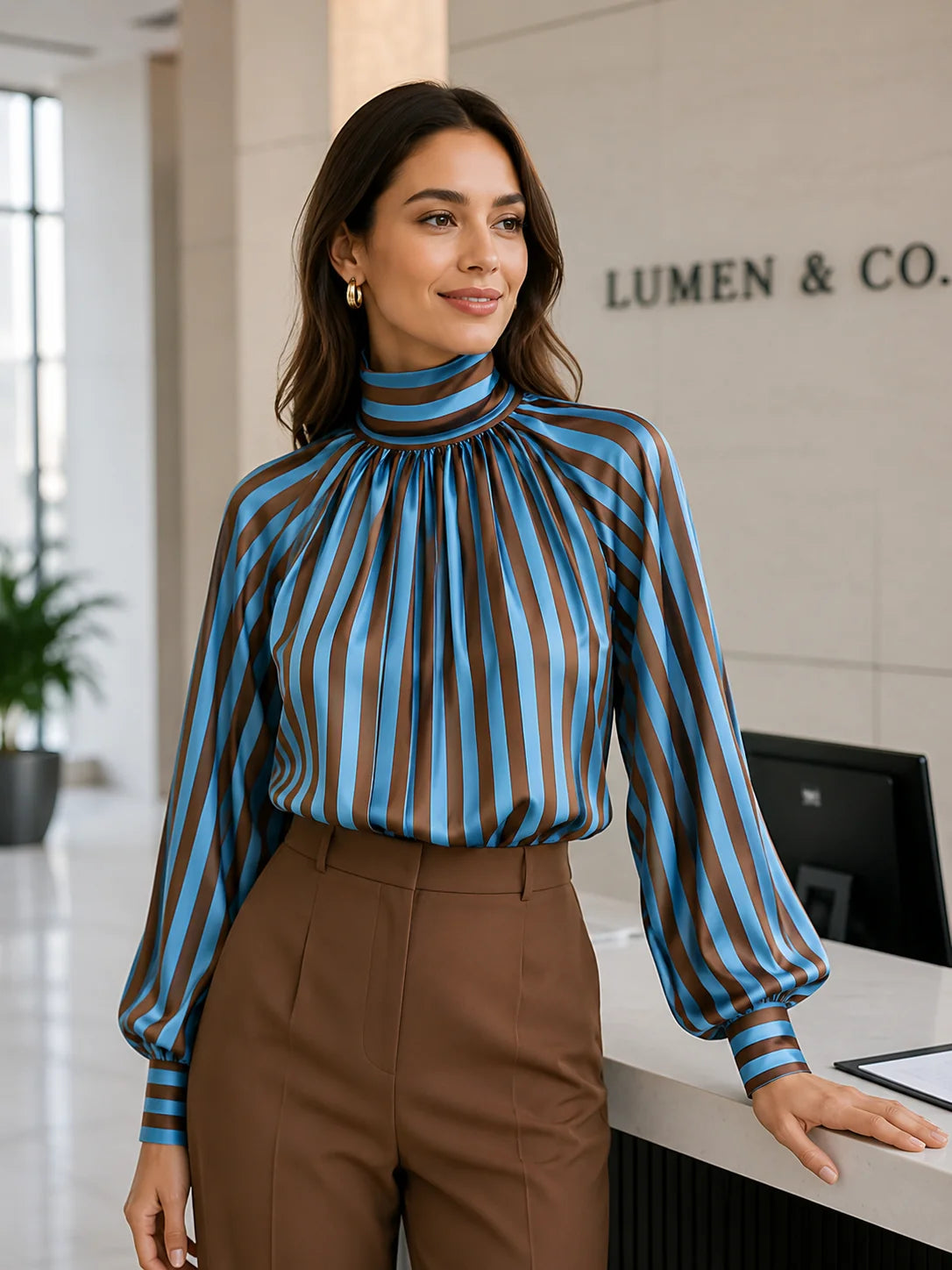 Women's Striped High-Neck Balloon-Sleeve Blouse – additional product view | Hensley London