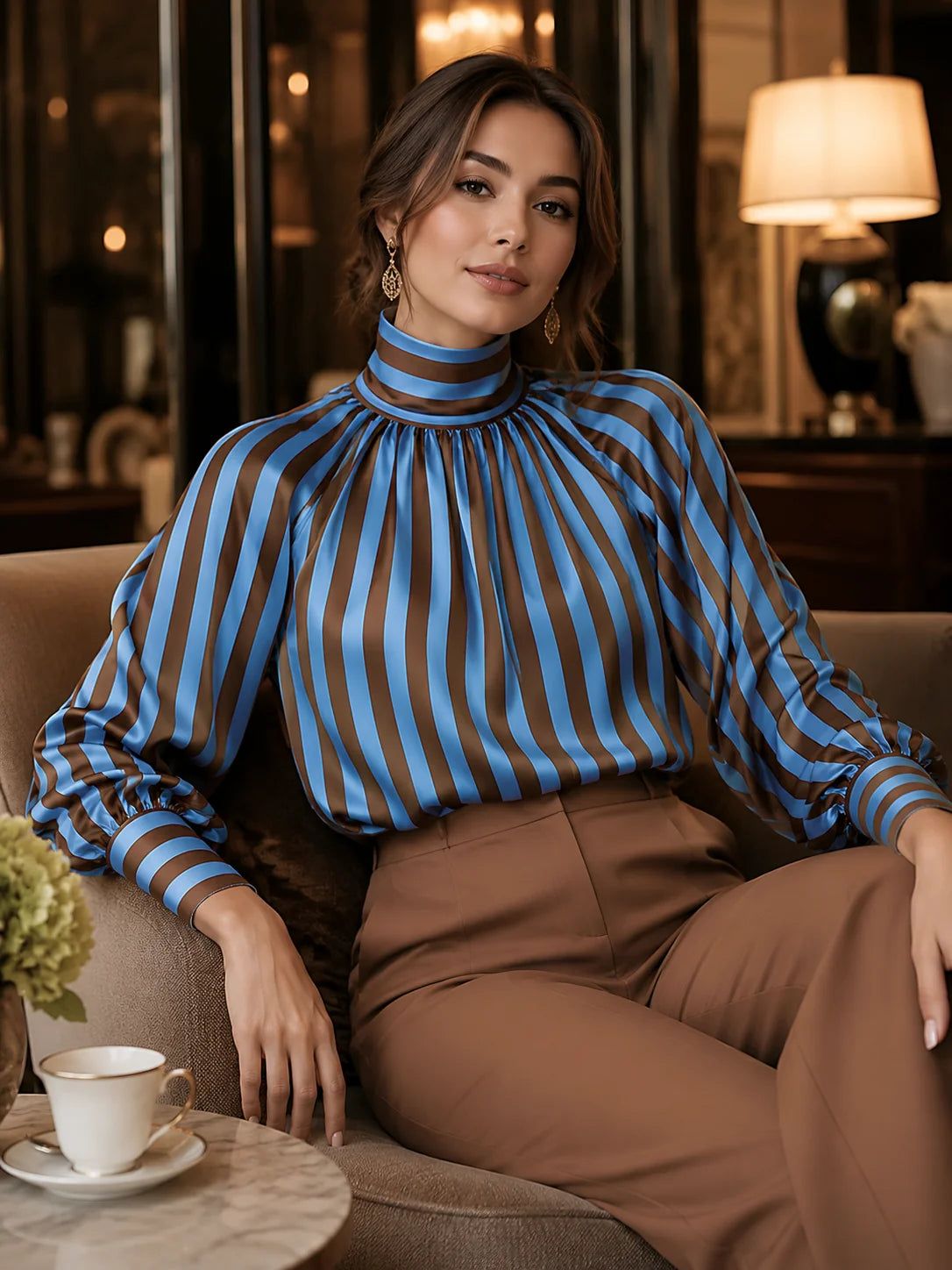 Women's Striped High-Neck Balloon-Sleeve Blouse – additional product view | Hensley London