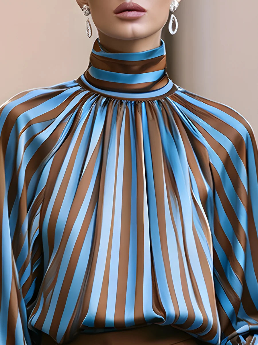 Women's Striped High-Neck Balloon-Sleeve Blouse – additional product view | Hensley London