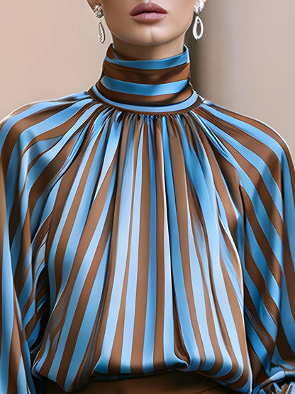 Women's Striped High-Neck Balloon-Sleeve Blouse – additional product view | Hensley London