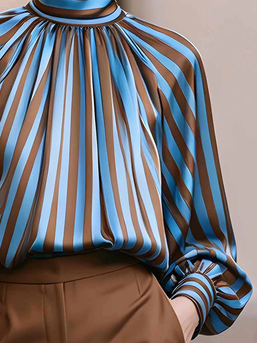 Women's Striped High-Neck Balloon-Sleeve Blouse – additional product view | Hensley London
