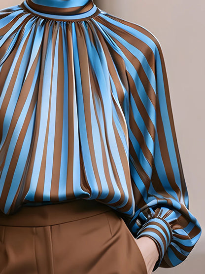 Women's Striped High-Neck Balloon-Sleeve Blouse – additional product view | Hensley London