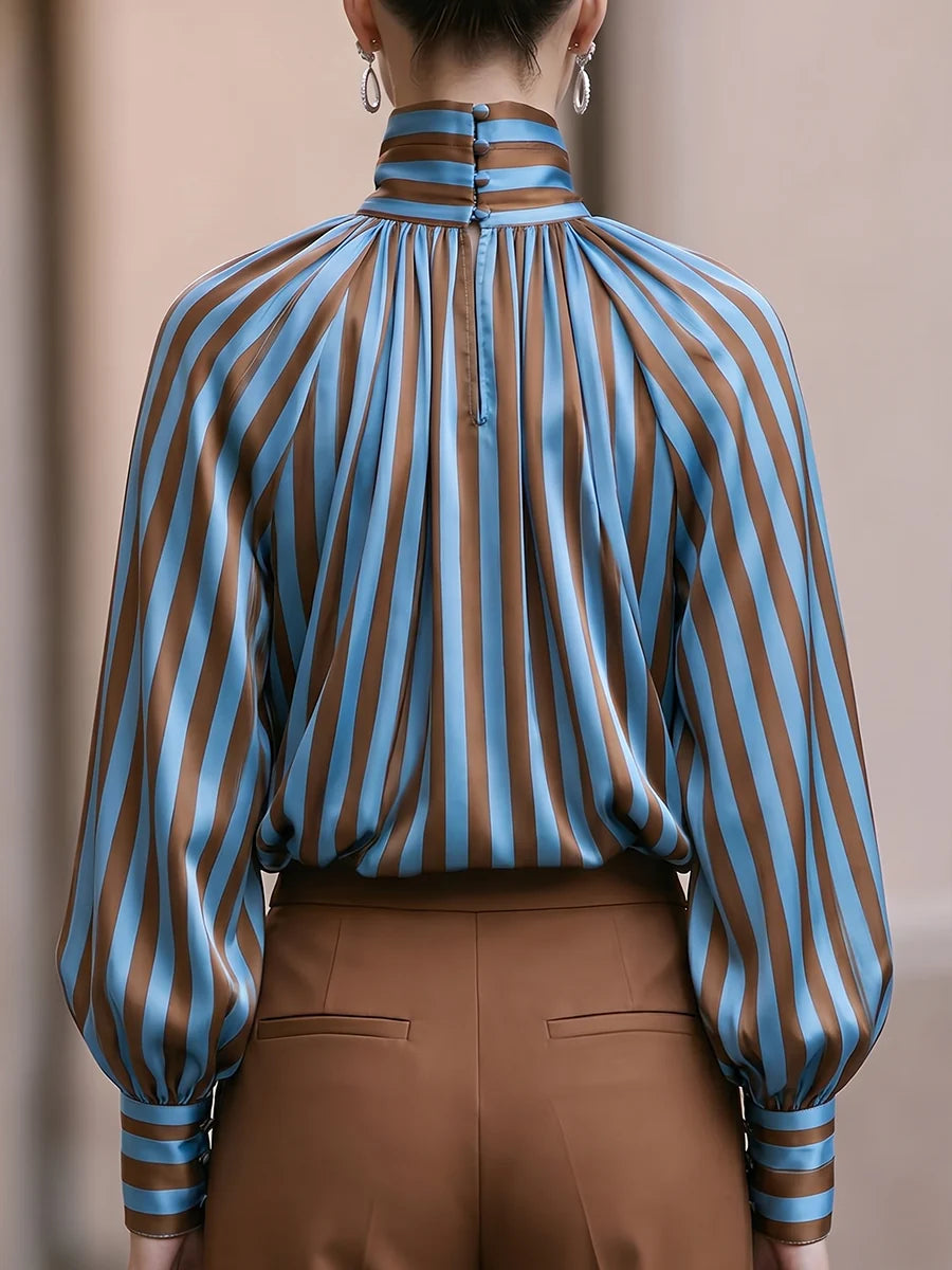 Women's Striped High-Neck Balloon-Sleeve Blouse – additional product view | Hensley London