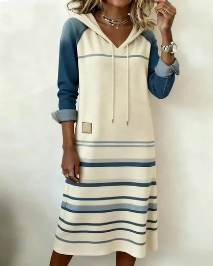Women's Colour-Block Striped Hooded Dress in White – product view | Hensley London