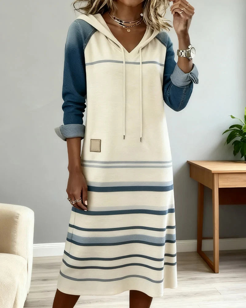 Women's Colour-Block Striped Hooded Dress in White – product view | Hensley London