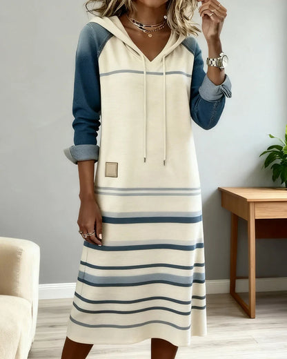 Women's Colour-Block Striped Hooded Dress in White – product view | Hensley London