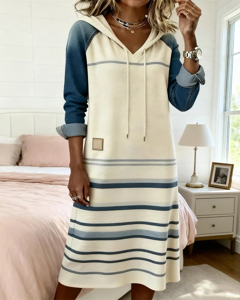 Women's Colour-Block Striped Hooded Dress in White – product view | Hensley London