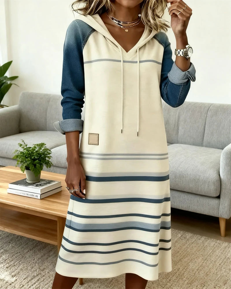Women's Colour-Block Striped Hooded Dress in White – product view | Hensley London