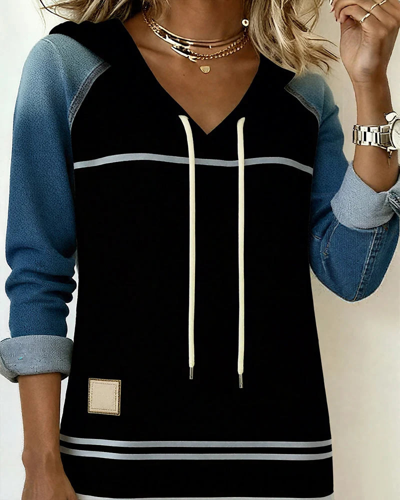 Women's Colour-Block Striped Hooded Dress in Black – additional view | Hensley London