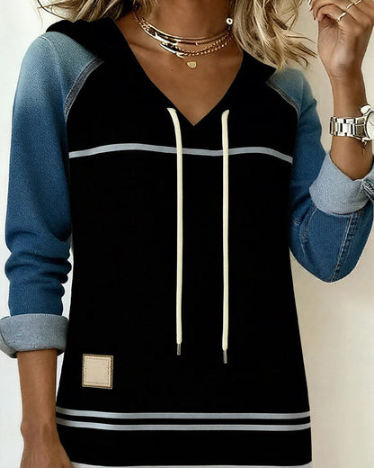 Women's Colour-Block Striped Hooded Dress in Black – additional view | Hensley London