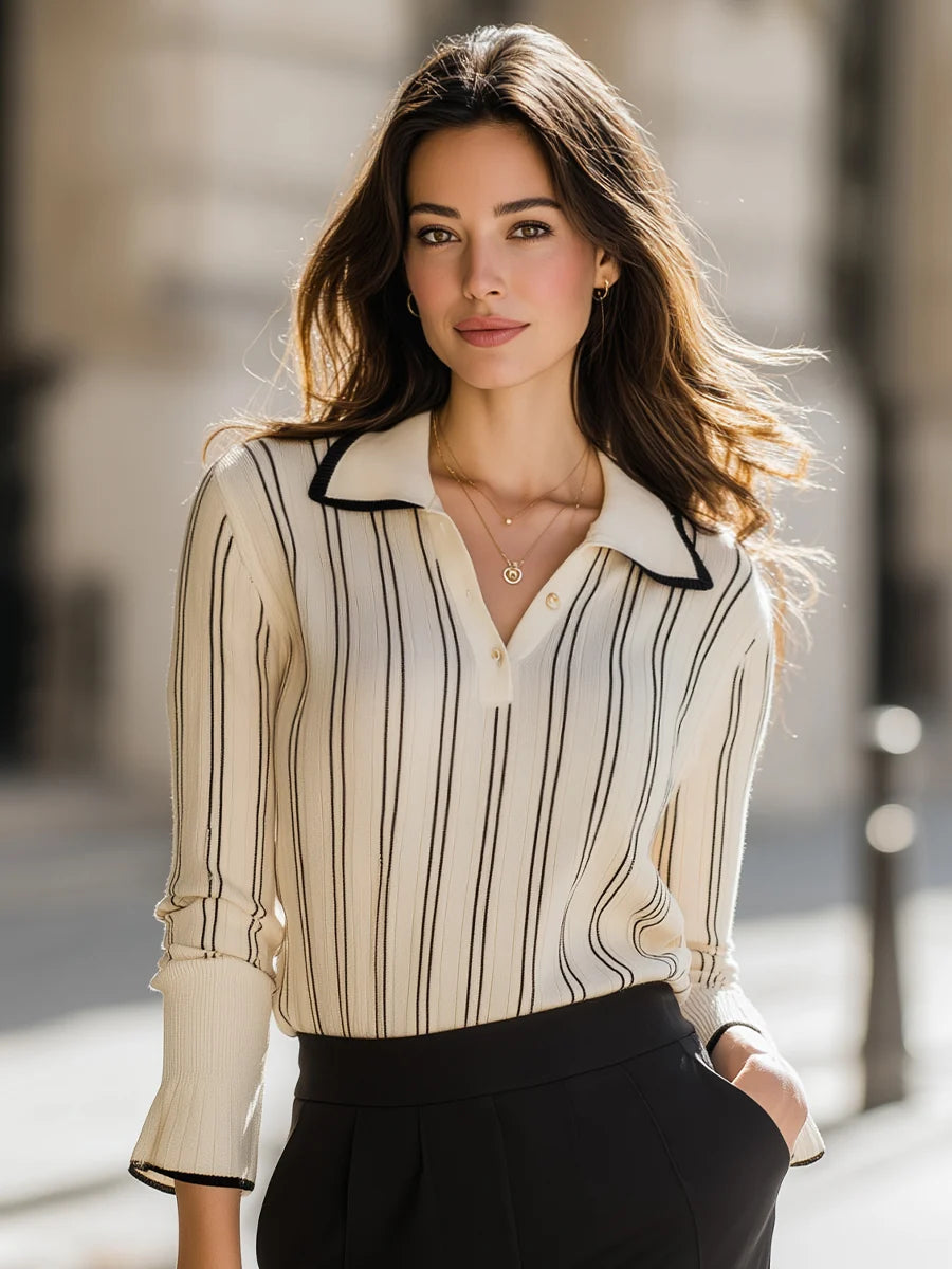 Women's Striped Ribbed Polo Sweater with Contrast Trim in Beige – product view | Hensley London