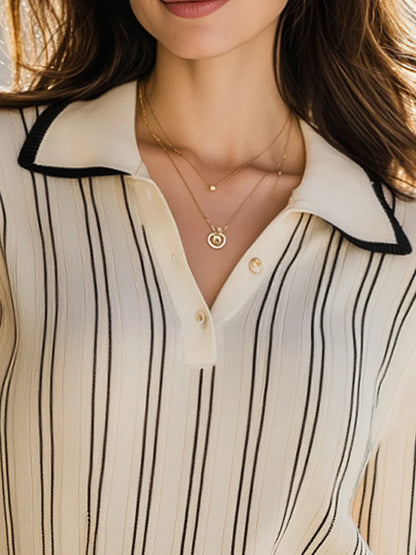 Women's Striped Ribbed Polo Sweater with Contrast Trim in Beige – product view | Hensley London