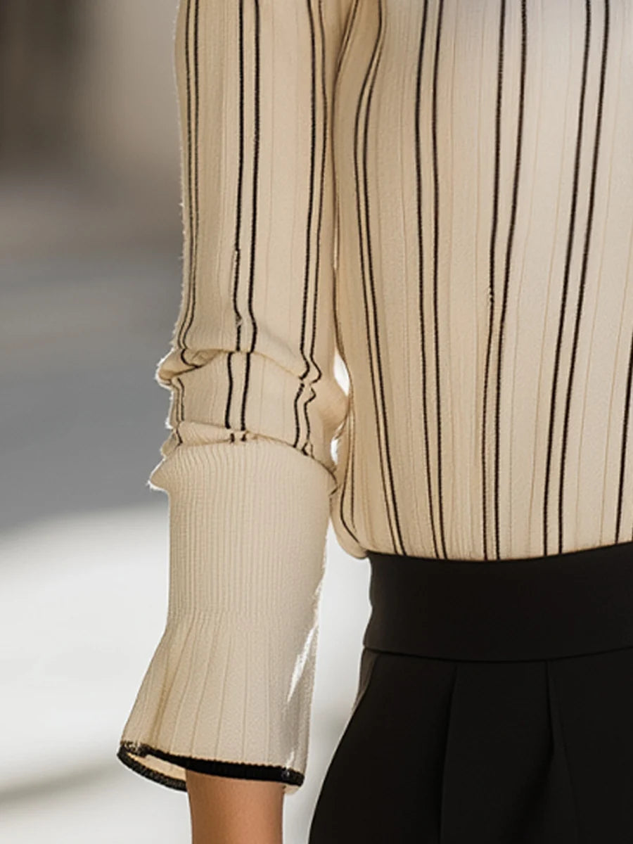 Women's Striped Ribbed Polo Sweater with Contrast Trim in Beige – product view | Hensley London