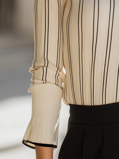 Women's Striped Ribbed Polo Sweater with Contrast Trim in Beige – product view | Hensley London
