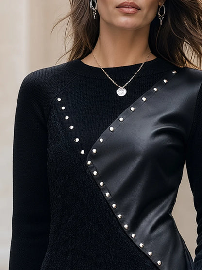 Women's Studded Faux Leather Panel Knit Top – additional product view | Hensley London