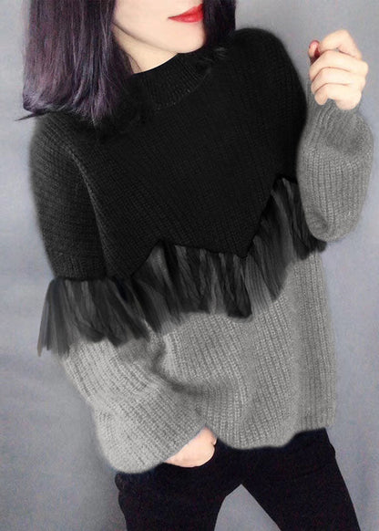 Women's Sweater Black Purple O-Neck Knit - 2