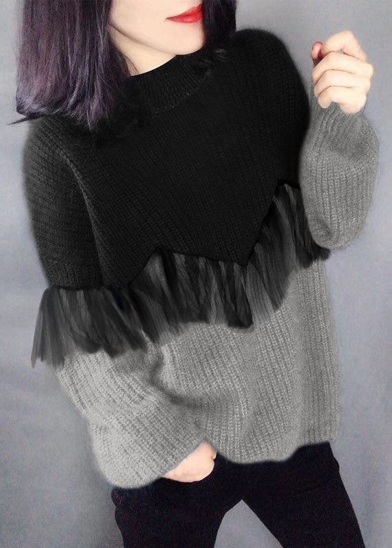 Women's Sweater Black Purple O-Neck Knit - 4
