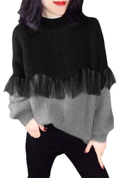 Women's Sweater Black Purple O-Neck Knit - 5