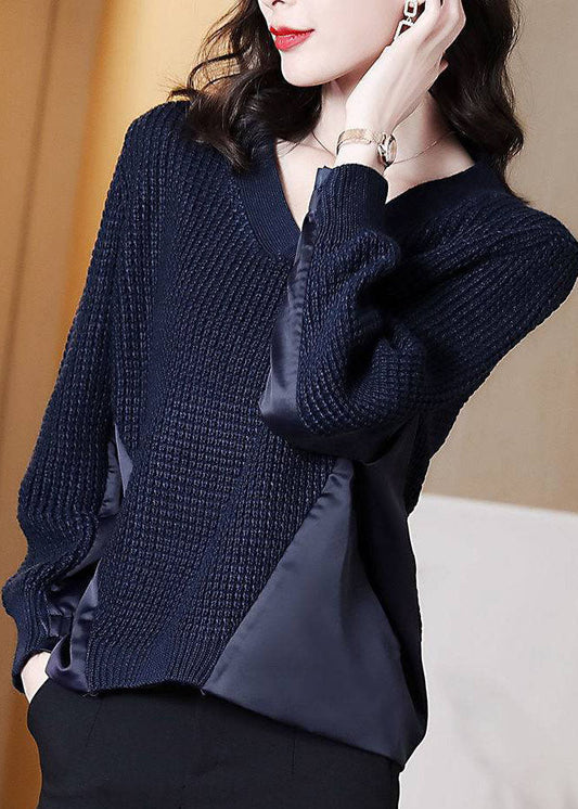 Women's Pullover Sweater Navy Asymmetrical Cotton Knit - 2