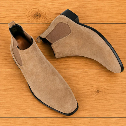 Men's Textured Chelsea Boots in Beige – pair shown from above | Hensley London