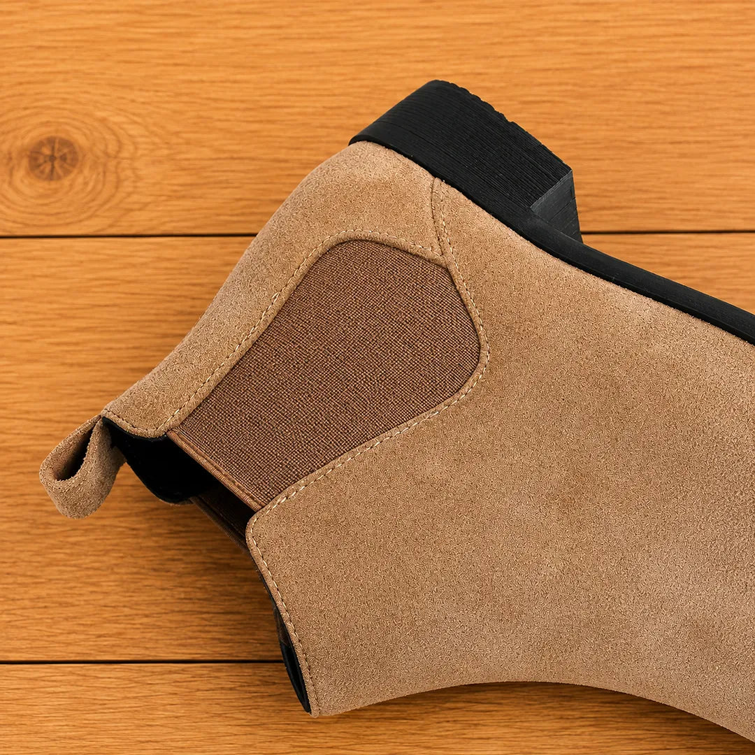 Men's Textured Chelsea Boots in Beige – side panel and heel detail | Hensley London