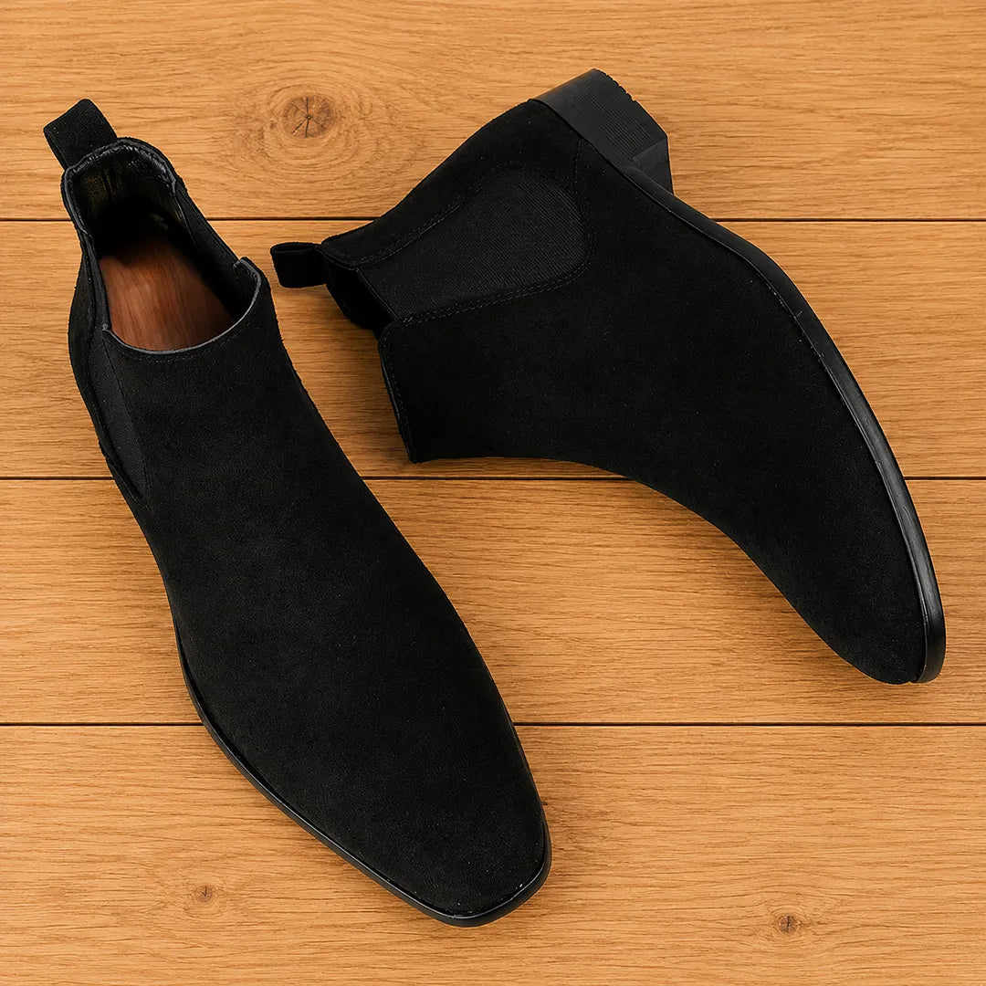 Men's Textured Chelsea Boots in Black – pair shown from above | Hensley London