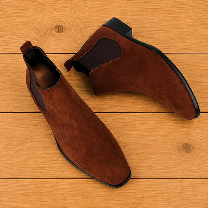 Men's Textured Chelsea Boots in Brown – pair shown from above | Hensley London
