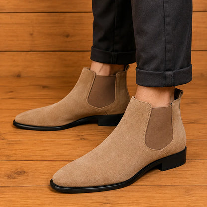 Men's Textured Chelsea Boots in Beige – side view on feet | Hensley London