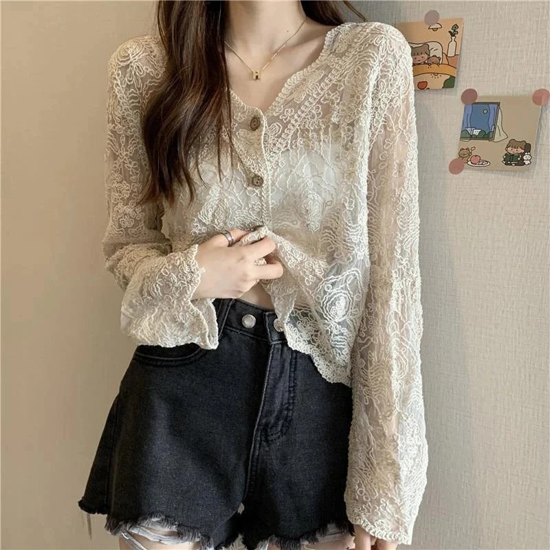 Stylishly Sheer Floral Detail Lace Cardigan 0