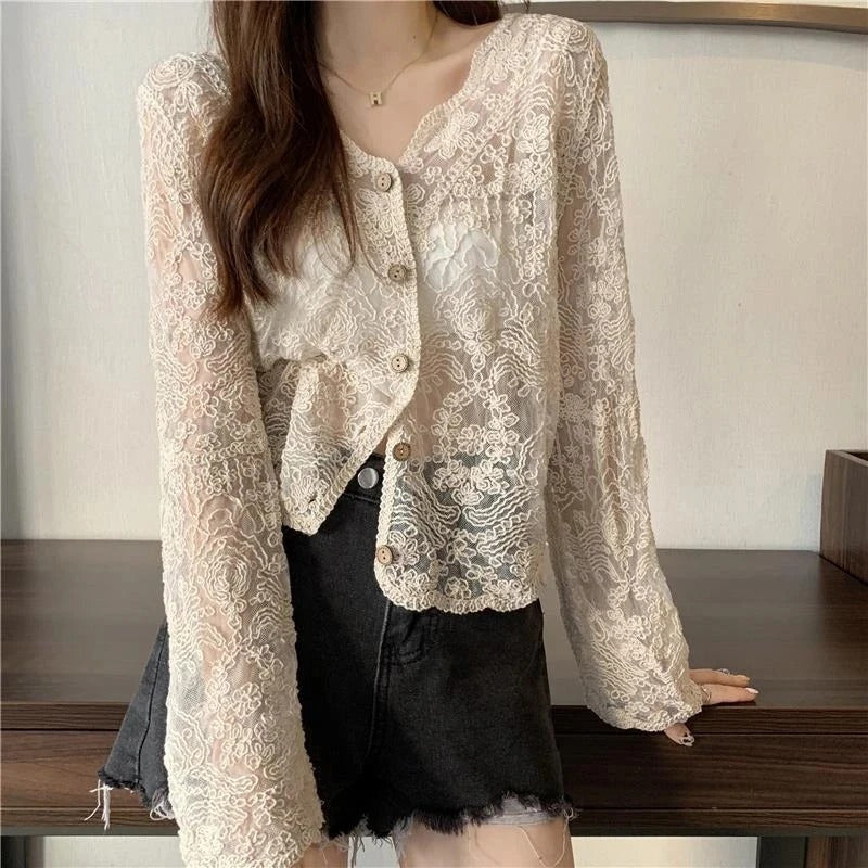 Stylishly Sheer Floral Detail Lace Cardigan 1