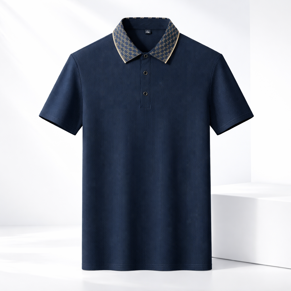 Men's Textured Knit Polo Shirt in Navy - front view | Hensley London