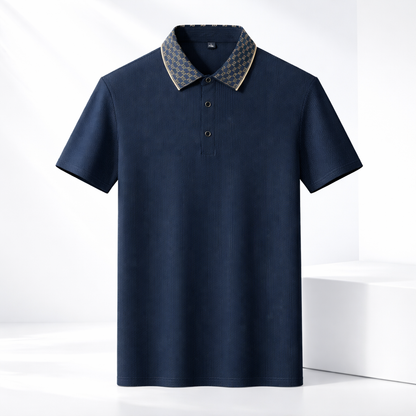 Men's Textured Knit Polo Shirt in Navy - front view | Hensley London