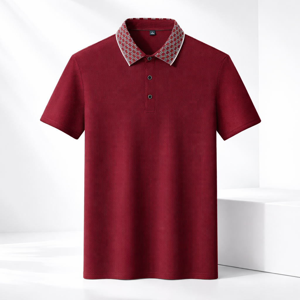 Men's Textured Knit Polo Shirt in Navy - back view | Hensley London
