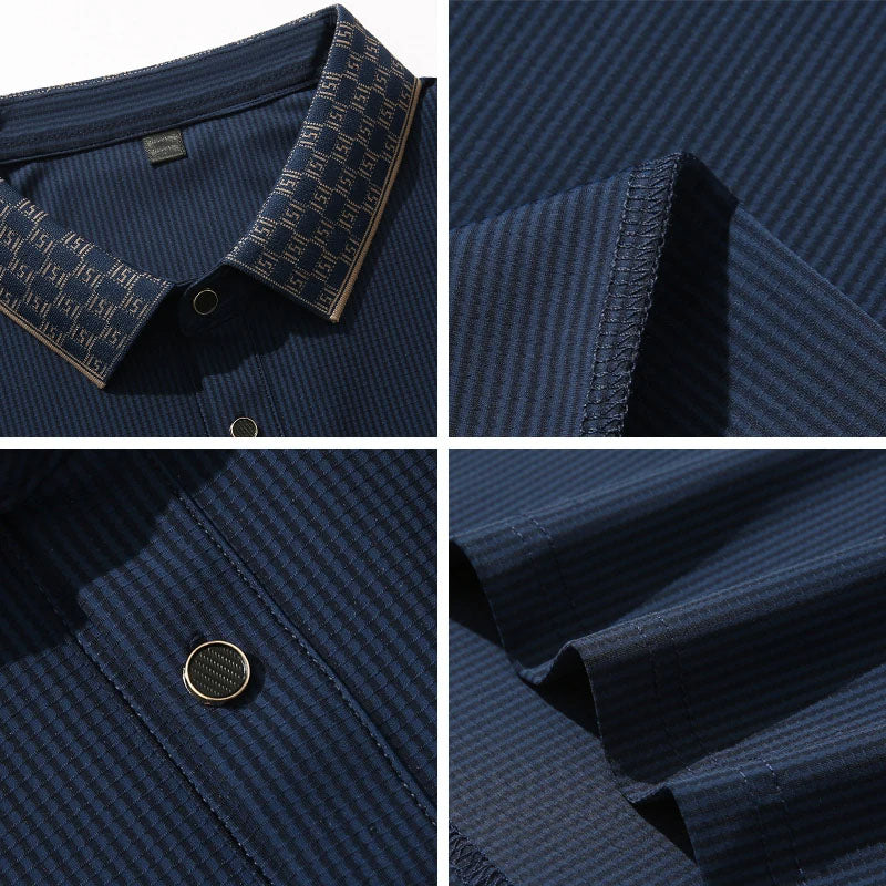 Men's Textured Knit Polo Shirt in Gray - front view | Hensley London