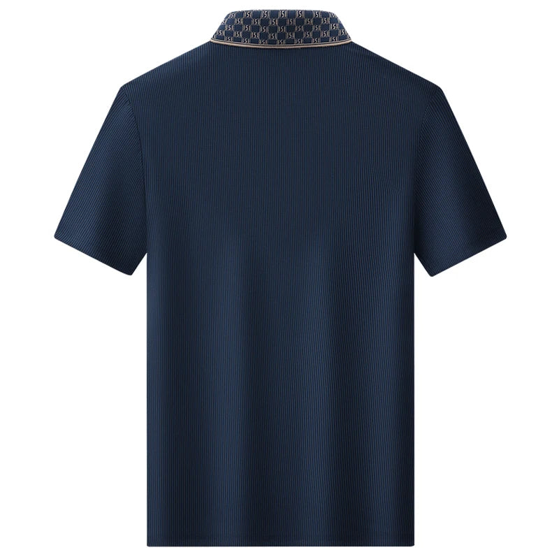 Men's Textured Knit Polo Shirt in Gray - detail view | Hensley London