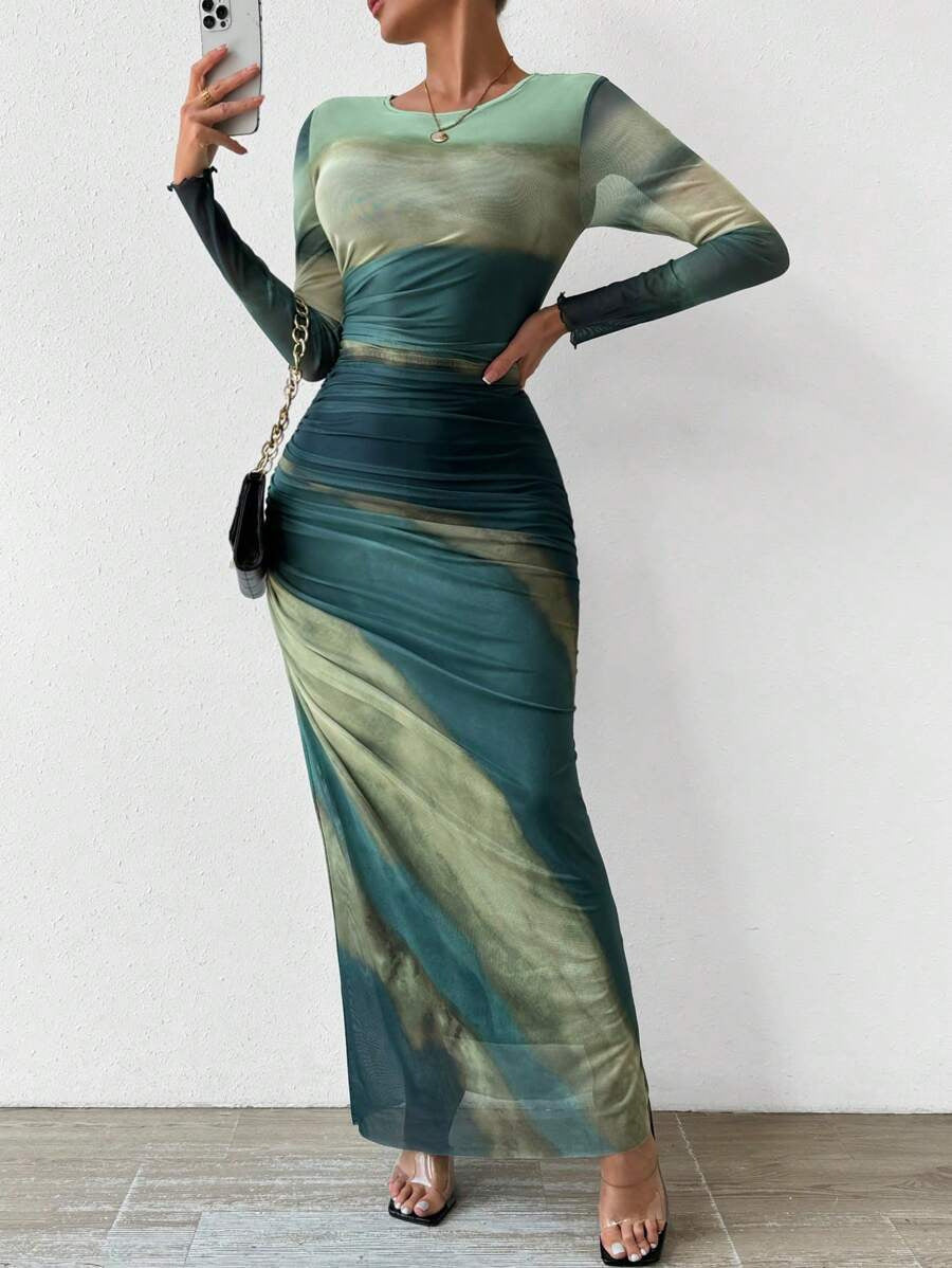 Women's Printed Long-Sleeve Bodycon Maxi Dress in Green – front view | Hensley London